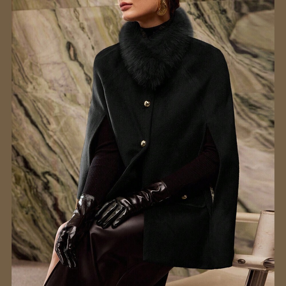 Black Fuzzy Collar Cape Coat with Gold Buttons - Picture 4 of 8